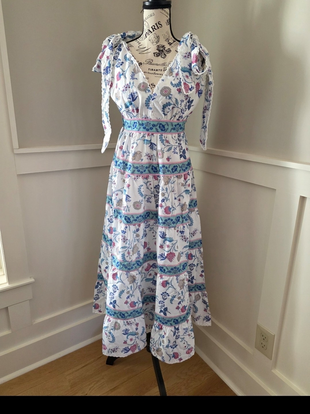 White Floral Maxi Dress with Blue & Pink Prints